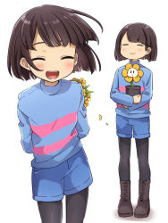 Rule 34 | 1boy, 1other, arms behind back, asymmetrical bangs, black legwear, blue shirt, blunt bangs, blush, bob cut, boots, brown footwear, brown hair, closed eyes, closed mouth, cowboy shot, denim, denim shorts, flower, flower pot, flowey (undertale), frisk (undertale), full body, highres, holding, holding flower pot, holding pot, leftporygon, long sleeves, looking at viewer, multicolored shirt, open mouth, pantyhose, petals, pink shirt, porygonleft, pot, shirt, shorts, simple background, smile, turtleneck, undertale, white background