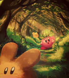 Rule 34 | animal, branch, bush, crown, curious, flower, grass, highres, kirby, kirby (series), leaf, leaf kirby, looking at another, nintendo, open mouth, solo, sunset, suyasuyabi, tree