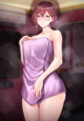 Rule 34 | 1girl, :o, blush, breasts, brown hair, collarbone, hair ornament, hairpin, highres, higuchi madoka, idolmaster, idolmaster shiny colors, indoors, looking at viewer, medium breasts, mole, mole under eye, naked towel, red eyes, solo, steam, steaming body, towel, water drop, wet, wet hair, zucchini