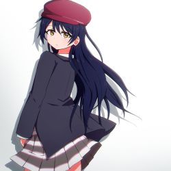 Rule 34 | 1girl, artist name, artist request, asa makudo, beret, black cardigan, black jacket, blue hair, blush, bow, bowtie, breasts, cardigan, checkered clothes, checkered skirt, collared shirt, female focus, from behind, grey skirt, hair between eyes, hat, jacket, long hair, long sleeves, looking at viewer, looking back, love live!, love live! school idol project, miniskirt, otonokizaka school uniform, parted lips, plaid, plaid skirt, pleated, pleated skirt, red bow, red bowtie, red hat, school uniform, shirt, skirt, smile, solo, sonoda umi, striped clothes, striped skirt, white shirt, white skirt, wing collar, yellow eyes