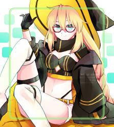 Rule 34 | 1girl, adjusting clothes, adjusting headwear, aesc (fate), aesc (rain witch) (fate), belt, black coat, black gloves, black jacket, blonde hair, blue eyes, boots, bow, braid, breasts, cleavage, coat, crop top, fate/grand order, fate (series), feet out of frame, gloves, hat, highleg, highleg panties, jacket, kbgt, long hair, looking at viewer, low twin braids, medium breasts, navel, open clothes, open jacket, orange belt, panties, red-framed eyewear, short shorts, shorts, sidelocks, sitting, solo, takiji (micco), twin braids, underwear, white footwear, white shorts, wide brim, witch hat