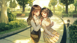Rule 34 | 2girls, aluce, artist name, bag, bench, black hair, blush, brown hair, bush, embarrassed, glasses, grass, happy, highres, jewelry, leaf, light, long hair, looking at another, multiple girls, necklace pull, necktie, open mouth, original, park, park bench, path, purple eyes, road, sample watermark, serious, short hair, shoulder bag, signature, skirt, smile, standing, sweatdrop, tree, uniform, watermark