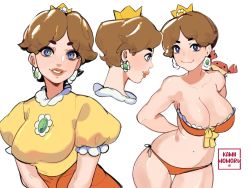 Rule 34 | 1girl, arms behind back, bikini, blue eyes, bow, bow bra, bra, breasts, brown hair, character sheet, cleavage, closed mouth, crown, dress, earrings, flower earrings, highres, jewelry, kamii momoru, large breasts, lipstick, looking at viewer, looking to the side, makeup, mario (series), nintendo, open mouth, own hands together, parted hair, princess daisy, short hair, simple background, smile, super mario land, swimsuit, underwear, white background