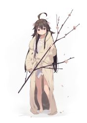 Rule 34 | 1girl, absurdres, ahoge, amana (pocketkey), animal ears, barefoot, blush, branch, brown eyes, brown hair, closed mouth, collarbone, fingernails, flower, flower request, hair between eyes, highres, holding, holding branch, long hair, original, petals, pink flower, simple background, solo, standing, white background, yellow pupils