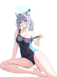 Rule 34 | 1girl, animal ear fluff, animal ears, bare legs, bare shoulders, barefoot, blue archive, blue eyes, blue halo, blue one-piece swimsuit, blush, breasts, cleavage, collarbone, commentary request, covered navel, extra ears, grey hair, halo, highres, looking at viewer, medium breasts, menck5428, mismatched pupils, official alternate costume, official alternate hairstyle, one-piece swimsuit, open mouth, ponytail, pulling own clothes, shiroko (blue archive), shiroko (swimsuit) (blue archive), simple background, sitting, solo, strap pull, strap slip, swimsuit, thighs, wet, white background, wolf ears, wolf girl