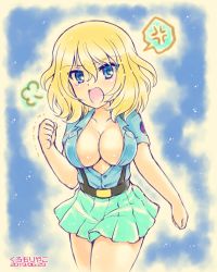 Rule 34 | 1girl, puff of air, absurdres, alternate costume, anger vein, angry, aoshidan school uniform, artist name, belt, black belt, blonde hair, blue eyes, blue shirt, breasts, cleavage, clenched hands, collared shirt, commentary request, cowboy shot, dated, emblem, frown, fume, girls und panzer, green skirt, highres, kuromori yako, looking at viewer, medium breasts, medium hair, messy hair, miniskirt, one-hour drawing challenge, open mouth, oshida (girls und panzer), partial commentary, pleated skirt, school uniform, shirt, short sleeves, skirt, solo, spoken anger vein, standing, suspender skirt, suspenders, tearing up, trembling