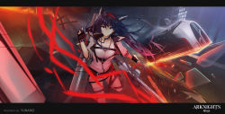 Rule 34 | 1girl, absurdres, animal ears, belt, black gloves, black hair, blue eyes, breasts, broken glass, building, car, cat ears, cityscape, fingerless gloves, floating hair, glass, gloves, hairband, highres, holding, holding weapon, huge filesize, jacket, letterboxed, long hair, looking at viewer, motor vehicle, multiple straps, night, open clothes, popped collar, road, self-upload, sidelocks, single thighhigh, skirt, solo, tank top, thigh strap, thighhighs, weapon, yunano