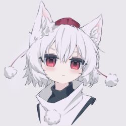 Rule 34 | 1girl, animal ear fluff, animal ears, closed mouth, grey background, hat, highres, inubashiri momiji, looking at viewer, mr.turtle head, one-hour drawing challenge, pom pom (clothes), red eyes, shirt, short hair, simple background, solo, tokin hat, touhou, upper body, white hair, white shirt, wolf ears, wolf girl