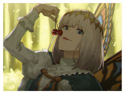 Rule 34 | 1boy, blue eyes, border, butterfly wings, cherry, diamond hairband, fate/grand order, fate (series), food, fruit, fur trim, hairband, holding, holding food, holding fruit, insect wings, long sleeves, looking at viewer, male focus, menma222, oberon (fate), portrait, solo, tongue, tongue out, twitter username, white border, white hair, wings