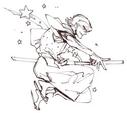 Rule 34 | 1boy, drawing sword, from side, full body, hakama, halorane, hand hair, holding, holding sword, holding weapon, ishikawa goemon xiii, japanese clothes, jumping, looking ahead, lupin iii, male focus, monochrome, parted lips, sandals, short hair, simple background, sketch, solo, star (symbol), sword, unfinished, weapon, wide sleeves, zouri