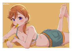 Rule 34 | 1girl, absurdres, ass, barefoot, bikini, bikini top only, blush, border, feet, feet up, food, highres, long hair, looking at viewer, love live!, lying, mouth hold, on stomach, orange hair, popsicle, purple eyes, shibuya kanon, short shorts, shorts, simple background, soles, solo, swimsuit, the pose, toes, white border, yellow background, yzlkun