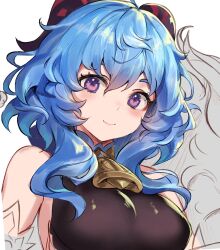 Rule 34 | 1girl, adamosina, bare shoulders, blue hair, bodystocking, breasts, commentary, ganyu (genshin impact), genshin impact, highres, horns, long hair, looking at viewer, medium breasts, purple eyes, smile, solo, unfinished, upper body