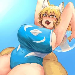 Rule 34 | 1girl, alternate costume, animal ears, armpits, arms up, ball, beachball, belly, bikini, blonde hair, blue sky, blush, breasts, chanta (ayatakaoisii), covered erect nipples, cowboy shot, curvy, day, fox ears, fox tail, huge breasts, large breasts, micro bikini, multiple tails, navel, one-piece swimsuit, open mouth, short hair, sideboob, sky, smile, solo, sunlight, swimsuit, tail, teeth, thick thighs, thighs, tongue, touhou, wide hips, yakumo ran