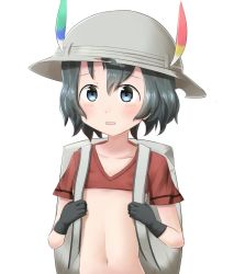 Rule 34 | 10s, 1girl, artist request, backpack, bag, black hair, blue eyes, blush, collarbone, embarrassed, feathers, flat chest, gloves, kaban (kemono friends), kemono friends, modified clothing, shirt, short hair, simple background, solo, t-shirt