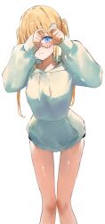 Rule 34 | 1girl, absurdres, alternate costume, black shorts, blonde hair, blue eyes, blush, hair ornament, heart, heart-shaped pupils, heart hands, highres, hololive, hololive english, hood, hoodie, kaze 22, long hair, looking at viewer, short shorts, shorts, smile, solo, symbol-shaped pupils, twintails, virtual youtuber, watson amelia, white background, white hoodie