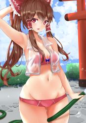 Rule 34 | 1girl, arm up, armpits, between legs, bikini, blush, bow, breasts, brown eyelashes, brown eyes, brown hair, cleavage, cloud, cloudy sky, day, frilled bow, frills, fujiko (emnprmn), hair bow, hair tubes, hakurei reimu, highres, hose, long hair, looking at viewer, navel, open mouth, ponytail, see-through, shrine, sidelocks, sky, sleeveless, small breasts, smile, solo, swimsuit, torii, touhou, vest, water, wide hips