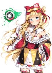 Rule 34 | 1girl, beatmania, beatmania iidx, black thighhighs, blonde hair, blunt bangs, bow, bra, closed mouth, commentary request, detached collar, eyewear on head, frilled shirt, frilled skirt, frills, gloves, hair bow, hand on own hip, head tilt, headphones, himmel (beatmania iidx), long hair, long sleeves, looking at viewer, multicolored clothes, multicolored shirt, multicolored skirt, off-shoulder shirt, off shoulder, one side up, red bow, shiero., shirt, skirt, smile, solo, sunglasses, thighhighs, underwear, v-shaped eyebrows, very long hair, white background, white bra, white gloves, wide sleeves