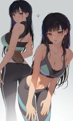 Rule 34 | 1girl, absurdres, ass, bare arms, bare shoulders, black hair, black pants, blush, breasts, cleavage, from behind, gradient background, grey background, grey eyes, highres, large breasts, leaning forward, long hair, looking at viewer, looking back, multiple views, myabit, navel, original, pants, parted lips, simple background, solo, sports bra, thighs