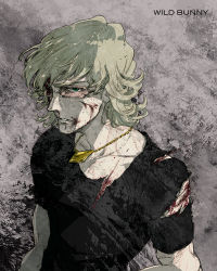 Rule 34 | 10s, 1boy, bad id, bad pixiv id, barnaby brooks jr., blonde hair, blood, blood on face, curly hair, cuts, glasses, green eyes, injury, jewelry, male focus, necklace, shirt, solo, t-shirt, tiger &amp; bunny, zakk