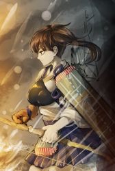 Rule 34 | 10s, 1girl, arrow (projectile), bad id, bad pixiv id, bow, bow (weapon), brown hair, expressionless, flight deck, gloves, highres, jitome, kaga (kancolle), kantai collection, looking afar, muneate, muted color, porupu, quiver, side ponytail, sketch, skirt, solo, water, weapon