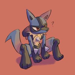 Rule 34 | ?, advos, creatures (company), full body, game freak, gen 4 pokemon, lucario, nintendo, no humans, pokemon, pokemon (creature), red background, red eyes, simple background, sitting, solo