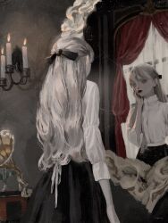 Rule 34 | 12yun30, 1girl, black bow, black skirt, bow, candle, candlestand, curtains, expressionless, grey eyes, grey hair, hair bow, hand on own cheek, hand on own face, highres, indoors, long hair, mirror, original, phonograph, reflection, shirt, sketch, skirt, solo, white shirt, window