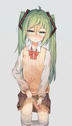 Rule 34 | 1girl, absurdres, black skirt, blush, bow, bowtie, green background, green eyes, grey background, hatsune miku, highres, kilo (2466414482), long hair, long sleeves, panties, peeing, peeing in container, red bow, school uniform, simple background, skirt, solo, tears, thighhighs, twintails, underwear, vocaloid, white panties, white thighhighs