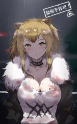 Rule 34 | absurdres, animal ears, arknights, blonde hair, breasts, cleavage, collar, fur trim, highres, rain, see-through, shizuoxing kof, short hair, siege (arknights), solo, tank top, wet, wet clothes, yellow eyes