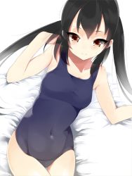 Rule 34 | 1girl, bad id, bad pixiv id, bed sheet, black hair, brown eyes, k-on!, kawauchi (kaz7ry), long hair, nakano azusa, one-piece swimsuit, school swimsuit, smile, solo, swimsuit, thigh gap, twintails