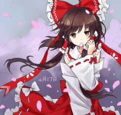 Rule 34 | 1girl, bow, cherry blossoms, dated, detached sleeves, female focus, gradient background, hair bow, hakurei reimu, japanese clothes, miko, petals, plant, solo, touhou, tucana