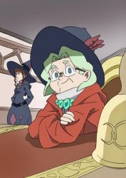 Rule 34 | 10s, 2girls, anne finneran, arai hiroki, arms behind back, bell, blonde hair, blue eyes, brown hair, crossed arms, glasses, hat, highres, little witch academia, looking at viewer, loose belt, miranda holbrooke, multiple girls, robe, smile, witch, witch hat