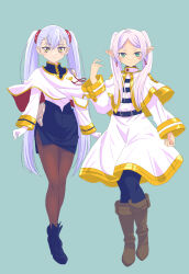 Rule 34 | 2girls, black pantyhose, black skirt, blue background, blush, boots, capelet, commentary, crossover, dress, earrings, elf, expressionless, frieren, full body, gloves, gold trim, green eyes, grey hair, hand up, highres, hoshino ruri, jacket, jewelry, jj (ssspulse), kidou senkan nadesico, long hair, looking at viewer, multiple girls, pantyhose, pencil skirt, pointy ears, short eyebrows, simple background, skirt, sousou no frieren, twintails, very long hair, white capelet, white dress, white gloves, white hair, white jacket, yellow eyes