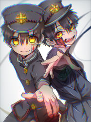 Rule 34 | 2boys, absurdres, back-to-back, black hair, black headwear, brothers, child, commentary request, fangs, ghost, hair between eyes, hanako (jibaku shounen hanako-kun), highres, jibaku shounen hanako-kun, looking at viewer, male focus, multiple boys, outstretched arms, siblings, teeth, twins, yellow eyes, yugi tsukasa, yukimi 95