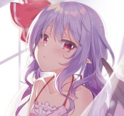 Rule 34 | 1girl, alternate hairstyle, backlighting, bare arms, bare shoulders, bat wings, beni kurage, blush, commentary, curtains, frilled shirt, frills, frown, hair ribbon, halterneck, head back, head tilt, long hair, pink shirt, pointy ears, purple hair, red eyes, red ribbon, remilia scarlet, ribbon, shirt, sidelocks, solo, spaghetti strap, touhou, upper body, wavy hair, wings