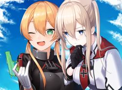 Rule 34 | 2girls, ;d, blonde hair, capelet, cloud, cross, day, gloves, graf zeppelin (kancolle), grey hair, hair between eyes, hand on own chin, iron cross, kantai collection, kinsenka momi, long hair, low twintails, multiple girls, one eye closed, open mouth, prinz eugen (kancolle), sidelocks, sky, smile, stroking own chin, twintails, upper body, water gun, wet, white gloves