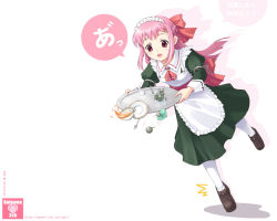Rule 34 | 1girl, 2channel, a (phrase), cup, dress, female focus, full body, galge-tan, green theme, long hair, maid, pantyhose, pink hair, red eyes, shoes, solo, spilling, teacup, tray, tripping, wallpaper