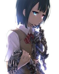Rule 34 | 1girl, absurdres, android, black hair, blue eyes, bow, bowtie, commentary request, damaged, extra arms, finger to mouth, heterochromia, highres, index finger raised, ishiyumi, joints, looking at viewer, mechanical arms, mechanical hands, mechanical parts, medium hair, original, red eyes, robot joints, school uniform, shushing, solo, white background