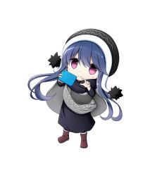 Rule 34 | 1girl, beanie, black dress, black hat, black scarf, blue hair, boots, brown footwear, cellphone, chibi, closed mouth, dress, hair between eyes, hair down, hat, highres, holding, holding phone, kuena, long hair, long sleeves, looking at viewer, phone, purple eyes, scarf, shima rin, simple background, smile, solo, standing, very long hair, white background, yurucamp