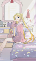 Rule 34 | 1girl, absurdres, bed, bedroom, bishoujo senshi sailor moon, blonde hair, blue eyes, clock, closed mouth, crescent, doll, double bun, earrings, forehead, hair bun, hair spread out, hand on bed, head rest, highres, indoors, jacket, jewelry, light smile, long hair, long sleeves, looking at viewer, mallllma, on bed, pillow, pink jacket, pink skirt, pleated skirt, shelf, sitting, skirt, socks, solo, stud earrings, tsukino usagi, twintails, very long hair, white socks