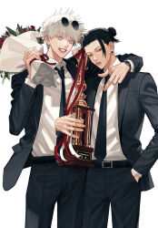 Rule 34 | 2boys, alternate costume, arm around neck, belt, black belt, black hair, black jacket, black necktie, black suit, bouquet, brown eyes, carrying over shoulder, clenched teeth, colored eyelashes, commentary request, dress pants, dress shirt, earrings, eyewear on head, feet out of frame, flower, formal, getou suguru, ggss cc, gojou satoru, grin, hair bun, hand in pocket, highres, holding, holding bouquet, holding trophy, jacket, jewelry, jujutsu kaisen, korean commentary, looking at viewer, loose hair strand, male focus, medium hair, multiple boys, necktie, pointing, red flower, red rose, rose, round eyewear, shirt, shirt tucked in, short hair, simple background, smile, stud earrings, suit, suit jacket, sunglasses, teeth, trophy, watch, white background, white eyes, white flower, white hair, white rose, white shirt, wristwatch