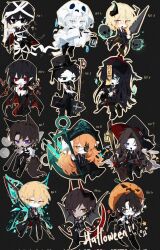 Rule 34 | 6+boys, 6+girls, anchor, animal ears, aqua eyes, black background, black coat, black hair, black pants, black vest, broom, brown hair, chest harness, coat, demon horns, demon wings, don quixote (project moon), e.g.o (project moon), fairy wings, fangs, faust (project moon), fluorescent lamp, ghost, gregor (project moon), harness, hat, heathcliff (project moon), highres, holding, holding broom, hong lu (project moon), horns, ishmael (project moon), jiangshi, lemonail, limbus company, long hair, meursault (project moon), military hat, multiple boys, multiple girls, mummy costume, necktie, ofuda, ofuda on head, open mouth, orange eyes, orange hair, outis (project moon), pants, plague doctor mask, pointy ears, project moon, purple eyes, red eyes, red necktie, rodion (project moon), ryoshu (project moon), shirt, short hair, simple background, sinclair (project moon), skull, tail, vampire, very long hair, vest, white shirt, wings, witch hat, wolf ears, wolf tail, yi sang (project moon)