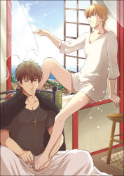 Rule 34 | 2boys, bad id, bad pixiv id, barefoot, blonde hair, brown eyes, brown hair, cross, cross necklace, curtains, expressionless, fate/zero, fate (series), gilgamesh (fate), hands on feet, indoors, jacket, jacket on shoulders, jewelry, kotomine kirei, male focus, multiple boys, nail clippers, necklace, red eyes, smile, toenails, toes, tohkawa, window, windowsill