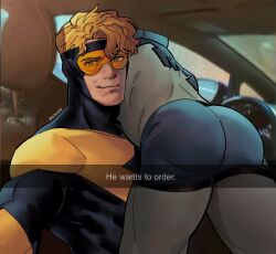 Rule 34 | 2boys, ass, ass focus, bara, blonde hair, blue beetle, bodysuit, booster gold, car interior, closed mouth, dc comics, drive-thru, english text, he wants to order (meme), highres, large pectorals, lying on person, male focus, melonnabar, meme, multiple boys, muscular, muscular male, pectorals, rear-view mirror, selfie, short hair, smile, snapchat, thick thighs, thighs, twitter username, yellow bodysuit