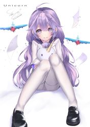 Rule 34 | 1girl, ahoge, aircraft, ass, azur lane, black footwear, character name, commentary request, hugging doll, hair ornament, highres, knees together feet apart, knees up, loafers, long hair, long sleeves, looking at viewer, low twintails, hugging object, panties, pantyhose, parted lips, purple eyes, purple hair, sailor collar, school uniform, shirt, shoes, signature, sitting, smile, solo, stuffed winged unicorn, teratsuki, twintails, underwear, unicorn (long-awaited date) (azur lane), unicorn (azur lane), very long hair, white background, white panties, white pantyhose, white shirt, x hair ornament