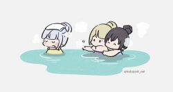 Rule 34 | 3girls, ^ ^, alternate hairstyle, assault lily, bare arms, bare shoulders, black hair, blonde hair, blunt bangs, blush, chibi, closed eyes, cousins, grey background, grey hair, hair bun, hand on another&#039;s arm, hand up, hands up, heads together, highres, kabayaki (kabayaki eel), kon kanaho, looking at another, miyagawa takane, multiple girls, naked towel, no mouth, open mouth, outstretched arm, outstretched arms, partially submerged, same-sex bathing, shared bathing, short hair, side-by-side, simple background, single hair bun, smile, solid oval eyes, steam, towel, towel on head, twitter username, water, yokota haruna