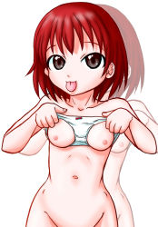 Rule 34 | 1girl, :p, bow, bow panties, bra, breasts, lingerie, medium breasts, navel, nipples, nude, out-of-frame censoring, panties, panty bra, red hair, smile, solo, tongue, tongue out, underwear, zoom layer