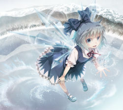Rule 34 | 1girl, album cover, blue dress, blue eyes, blue hair, bow, cirno, colored eyelashes, cover, crystal, dress, fisheye, flying, forest, hair bow, ice, lake, leaning forward, light particles, looking at viewer, mary janes, matching hair/eyes, miyuki ruria, mountain, nature, perfect cherry blossom, pigeon-toed, reflection, shoes, short hair, smile, snow, snowflakes, solo, touhou, transparent, tree, wings, winter