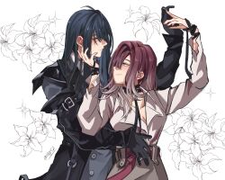 Rule 34 | 2girls, absurdres, arm up, black choker, black coat, black gloves, black hair, brown skirt, choker, closed mouth, coat, commentary, elbow gloves, flower, gloves, gradient hair, grey eyes, hand on another&#039;s face, hand on another&#039;s shoulder, hashtag-only commentary, highres, hiuy, lily (flower), long hair, long sleeves, multicolored hair, multiple girls, path to nowhere, purple hair, rahu (path to nowhere), shalom (path to nowhere), shirt, skirt, smile, sparkle, twitter username, upper body, white background, white hair, white shirt, yuri