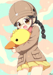 Rule 34 | artist name, bird, black hair, blush stickers, braid, brown background, brown hat, brown jacket, camouflage background, chi-hatan military uniform, child, cowboy shot, duck, fukuda haru, girls und panzer, glasses, green background, hat, holding, holding toy, jacket, long hair, long sleeves, looking at viewer, low twin braids, open mouth, orange eyes, outline, pila-pela, pleated skirt, pocket, rubber duck, signature, skirt, standing, toy, twin braids, white outline, yellow skirt