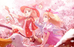 Rule 34 | 3girls, player character (mabinogi), bird, blonde hair, boots, broom, broom riding, cherry blossoms, crescent moon, cross-laced footwear, dress, earrings, hair ribbon, hat, holding, holding staff, japanese clothes, jewelry, knee boots, lace-up boots, leaf, leaf on head, long hair, long sleeves, mabinogi, moon, multiple girls, open mouth, outstretched arms, petals, pink hair, pink ribbon, red eyes, red footwear, ribbon, riding, ritsuki, short sleeves, silver hair, sitting, smile, staff, star (symbol), star earrings, tree, v arms, wide sleeves, witch hat